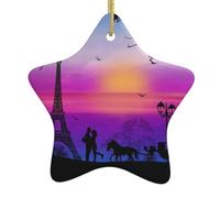 Valentine Paris Eiffel Tower Romantic Couple Carriage Sunset Double-Sided Printed Ceramic Star Christmas Ornament With Gold Hanging Cord-Festive Holiday Decoration For Home,Store, Christmas Tree