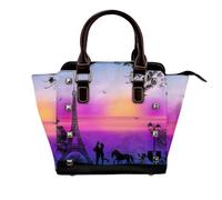 Valentine Paris Eiffel Tower Romantic Couple Carriage Sunset Genuine Leather Crossbody Satin Bag With Studs And All-Over Print,Adjustable Detachable Strap, Elegant Spacious Tote Purse For Women