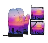 Valentine Paris Eiffel Tower Romantic Couple Carriage Sunset Printed Oven Gloves Heat Resistant, Non Slip oven mitts Potholder with Hanging Loop for Kitchen Grilling, Baking, Bbq (4 Pcs)