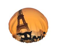 Valentine Paris Eiffel Tower Romantic Couple Carriage Sunset Silhouette Double Layered Shower Cap For Women Reusable Suitable For Bathing Spa