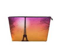 Valentine Paris Eiffel Tower Romantic Couple Carriage Sunset Silhouette Leather Cosmetic Bag - Large Capacity Portable Travelling Toiletry Bag, Suitable for Daily and Travelling Use