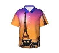 Valentine Paris Eiffel Tower Romantic Couple Carriage Sunset Silhouette Mens Hawaiian Short Sleeve Shirt Summer Cool Daily Wear Beach Outdoor Black