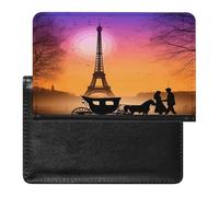 Valentine Paris Eiffel Tower Romantic Couple Carriage Sunset Silhouette Passport Holder PU Leather Slim Passport Cover with Card Slots Travel Document Holder Cover