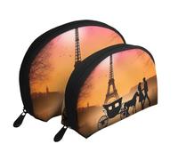 Valentine Paris Eiffel Tower Romantic Couple Carriage Sunset Silhouette Portable Shell Cosmetic Bag Set - Travel Makeup Organiser with Zipper & Inner Compartments