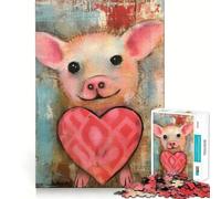 Valentine Piglet with Cute Heart Mixed Media Jigsaw Puzzles 1000 Recall Fun Play Burr Free Clean Cut Pieces Portable Travel Friendly Fun Game (50x75cm)