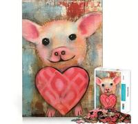 Valentine Piglet with Cute Heart Mixed Media Jigsaws for Adults1000 Pieces Brain Memory Game Fine Cut Premium Finishing Engaging Way to Pass Free Hours (38x26cm)
