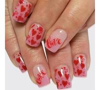 Valentine Press On Nails Square Fake Nails Glossy Designs False Full Covers Artificial Acrylic 24pcs 12Sizes Square Fake Nail