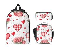 Valentine Rose Backpack Set for Girls Boys with Lunch Bag Pencil Case Buffalo Plaid 3 Pieces School Bags Insulated Lunchbox Gifts for Women Men