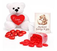 Valentine’s day Gift hamper for Him or Her - Teddy Bear with Love Heart, Romantic Greeting Card & Red Heart Chocolates with Lip-Shaped Sweets - Gift for Wife, Girlfriend, Boyfriend or Partner