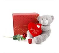 Valentine’s Day Hamper - Ich Liebe Dich Beary Much Set with 16" Grey Teddy Bear Holding Heart, Red Candle and Red Rose - Romantic Valentine for Her Him