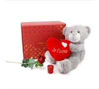 Valentine’s Day Hamper - Je T’aime Beary Much Set with Grey Teddy Bear Holding Heart, Red Candle and Red Rose - Romantic Valentine for Her Him Girlfriend Wife