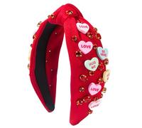 Valentine’s Day Headband, Love Heart Headband with Jeweled Crystal Rhinestone, Wide Top Knotted Headband for Hair Accessories