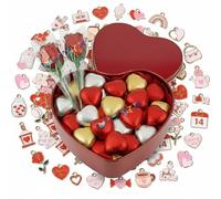 Valentine’s Day Romantic Heart-Shaped Red Metal Tin 250g Gift Box with Gold, Silver & Red Foiled Chocolate Hearts & 2 Chocolate Roses - Free 3 Random Mixed Pendants