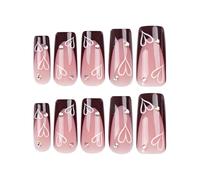 Valentine’s False Nails With Love Heart Rhinestones Glossy Finish Press On Nails Square Artificial Manicure French Nail Designs