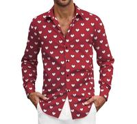 Valentine Shirts for Men UK Cute Love Heart Casual Workout Long Sleeve Button Down Solid Color Cotton Moisture Wicking Shirt Holiday Classic Valentines Party Club T-Shirts, Wine, XL