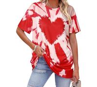 Valentine Shirts for Women Tie Dye Heart T Shirt Oversized Valentine's Crew Neck Tee Casual Loving Short Sleeve Tops, Red, S