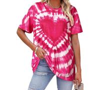 Valentine Shirts for Women Tie Dye Heart T Shirt Oversized Valentine's Crew Neck Tee Casual Loving Short Sleeve Tops, Rose Red, M