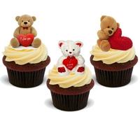 Valentine Teddy Trio Mix A - 12 Edible Stand Up Premium Wafer Card Cake Toppers Decorations
