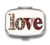 Valentine Word Love with Leopard Plaid Pattern Pill Box 2 Compartment Portable Medicine Pill Case Travel Pill Organizer for Pocket Purse