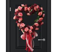 Valentine Wreath - 18 Inch Artificial Flowers, Front Door Wreaths, Handmade Heart Shaped Decor, Pink Red Roses Foliage | Festive Valentine's Day Welcome Wreath For Home Front Porch Door Decorating