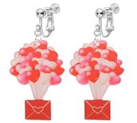 Valentines Acrylic Clip on Dangle Earrings for Women, Non Pierced, Love Heart Balloon Romantic Red Wine Glass Pink Rose Flower Cute Love Envelope Christmas Hats Pattern Lightweight Drop Jewelry