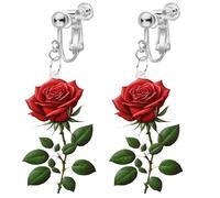 Valentines Acrylic Clip on Dangle Earrings for Women, Non Pierced, Love Heart Balloon Romantic Red Wine Glass Pink Rose Flower Cute Love Envelope Christmas Hats Pattern Lightweight Drop Jewelry