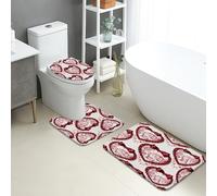 Valentine's Bathroom Mat Sets 3 Piece, Romantic Red Hearts Floral Absorbent Non Slip Toilet Rugs U Shaped Washable, Love Pattern Quick Dry Flannel Bathroom Rug Set