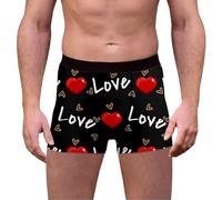 Valentines Boxer Briefs for Men Cute Love Heart Novelty Graphic Boxers Relaxed Fit Elastic Waistband Short Leg Cotton Underwear Summer Sports Letter Print Trunks No Fly with Pouch, Black, M