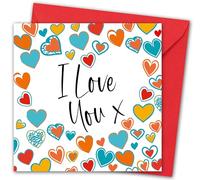 Valentines Card. "I Love You x" with Hearts Design. Eco-Friendly. 4pp 150x150mm Size. Valentine's Card with Red Envelope. Verse Inside. Printed and Packed in UK.