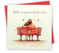 Valentines Card. Lovers on Bench Design. Eco-Friendly. 4pp 150x150mm Size. Valentine's Card with Red Envelope. Verse Inside. Printed and Packed in UK.