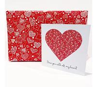 Valentines Card with 2 sheets of Gift Wrap. Heart Design. Card 150x150mm, Gift Wrap 500 x 700mm. Valentine's Card with Red Envelope. Verse inside. Printed and Packed in UK.
