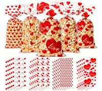 Valentine's Cellophane Treat Bags, 100pcs Love Heart Valentines Day Plastic Cellophane Candy Goodies Bags with Twist Ties for Valentine Wedding Bridal Shower Party Supplies