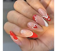 Valentine's Day Almond Press on Nails Full Covers Heart Designs False Nails Shiny Artificial Nails Manicure 24 Pieces Acrylic Nails
