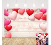 Valentine's Day Backdrops Decorations Pink Red Love Heart Balloons Wooden Wall Photography Background Wedding 5x3ft Photo Background Baby Bridal Shower Birthday Party Banner Decor Photo Studio Props