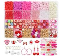 Valentine's Day Beads for Bracelet Making Kit, Love Pink Red Rose Clay Beads Crystal Pearl Gold Beading Set with Heart Kiss Charms for DIY Necklace Jewelry Making Kids Craft Gift
