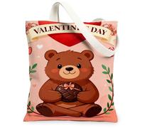 Valentine'S Day Bear Canvas Tote Bags, Adorable Floral Pattern Reusable Bags, Lightweight Washable Shoulder Strap Canvas Fo, Peach, 13x15 Inch