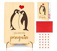 Valentines Day Card with Stand, Wooden Handmade Greeting Card with Envelopes Heart Stickers, Penguin Pattern love Greeting Cards, Unique Valentine's Day Wedding Anniversary Present for Couple