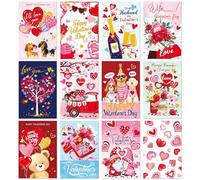 Valentine's Day Cards 48 Pack, 12 Unique Romantic Greeting Cards with Envelopes & Stickers for Kids Friends Family Wife Husband, 4x6 Inches, Blank Inside