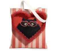 Valentine'S Day Cat Canvas Tote Bags, Adorable Heart Pattern Reusable Grocery Bags, Lightweight Washable Shoulder Strap Can, Red, 13x15 Inch