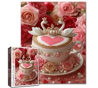 Valentine's Day Coffee Cup Jigsaw Puzzle 1000 Pieces for Adults Romantic Swan Rose Teacup Puzzles Pink Floral Cluster Background for Challenging Family Activity Game for Home Decor 20 X 27 Inches