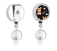 Valentines Day Corgi Dog Hearts Metal Retractable Keychain Heavy Duty ID Badge Holder Stainless Steel Badge Reel with Belt Clip