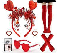 Valentine's Day Costume, Heart-Shaped Headbands, Heart-Shaped Glasses, Red Earrings, Face Glitter Tattoos, Knee-High Socks, Elbow-Length Gloves, Red Cupid Costume Women for Valentine's Day, Carniv