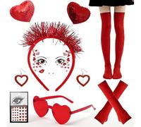 Valentine's Day Costume, Heart-Shaped Headbands, Heart-Shaped Glasses, Red Earrings, Face Glitter Tattoos, Knee-High Socks, Elbow-Length Gloves, Red Cupid Costume Women for Valentine's Day, Carnival