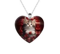 Valentines Day Cute Kitten Necklace, Red Hearts with Heart Shaped Glass Pendant, 'I Love you Today, Tomorrow, Always' Engraved, Stainless Steel Chain - Holiday, Christmas, or Valentines Day Gift
