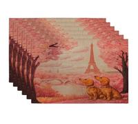 Valentine's Day Dachshund Dog Placemats Set of 6, 12x18 Inch, Eiffel Tower Puppy 6Pcs Table Mats for Dinning, Couple Pattern Holiday Home Kitchen Decor