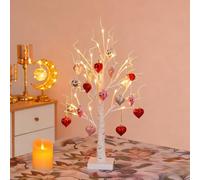 Valentines Day Decor Lighted Birch Tree with Heart Ornaments, RomanticValentine's Birch Twig Tree with Timer, 24 LED Lamp Light Up Trees with 18 Heart Ornaments for Wedding Party Tabletop Living Room