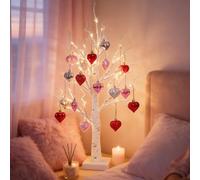 Valentines Day Decor Lighted Birch Tree With Heart Ornaments | Valentine's Romantic Birch Twig Tree Decorations Lamp With Timer | 24 LED Lamp Trees With 18 Heart Shaped Ornaments For Valentine Day