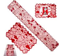 Valentines Day Decoration Set Of 2, Dining Table Runner And Place-mats Set, RedsHeart Lace Table Runner Tables Place-mats For Valentine’s Day Wedding Party Mother's Days