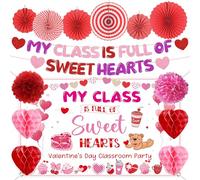 Valentines Day Decorations for Classroom, My Class Is Full of Sweet Hearts Classroom Party Supplies, Valentine Banner Backdrop Honeycomb Centerpieces Paper Flowers Fans