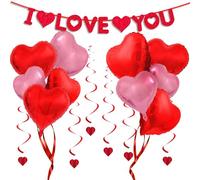 Valentines Day Decorations Kits, 10 Pcs Heart Balloons, 1 I LOVE YOU Banner Valentine's Day Decorations, 6 Pcs Red Heart Spiral for Anniversary, Wedding Party, Proposal, Confession